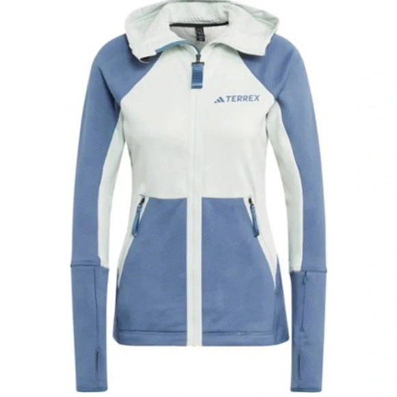 adidas Women's M Medium Terrex Tech Fleece Hooded Jacket NWT Blue Light Green - Picture 8 of 16